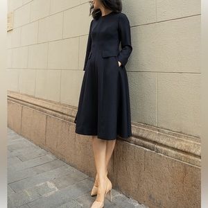 Amandax Women's Wool Tailored Waist Round Neck Nine-quarter Sleeve Dress